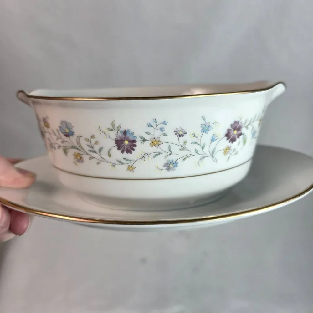 Noritake Longwood #2485 Gravy Boat with Underplate Purple, Blue & Yellow Flowers
